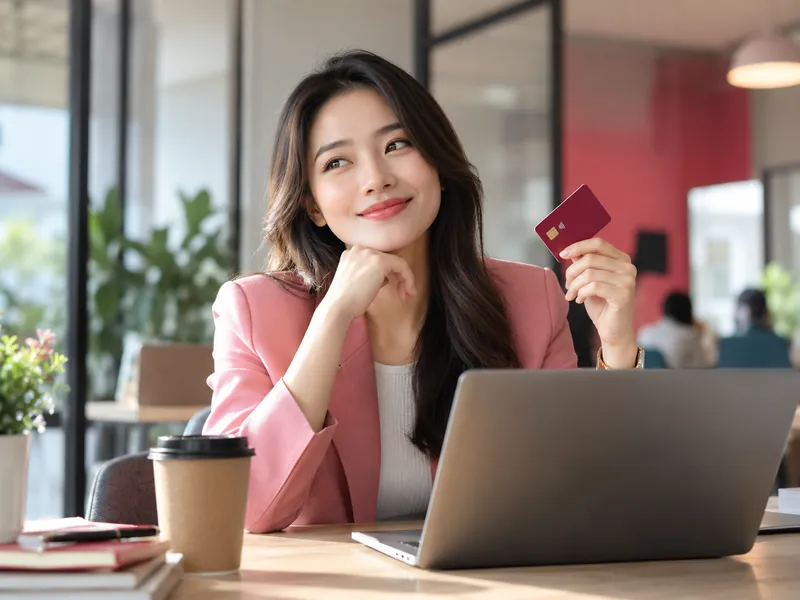 Nhân viên văn phòng ngồi bên laptop cầm thẻ tín dụng