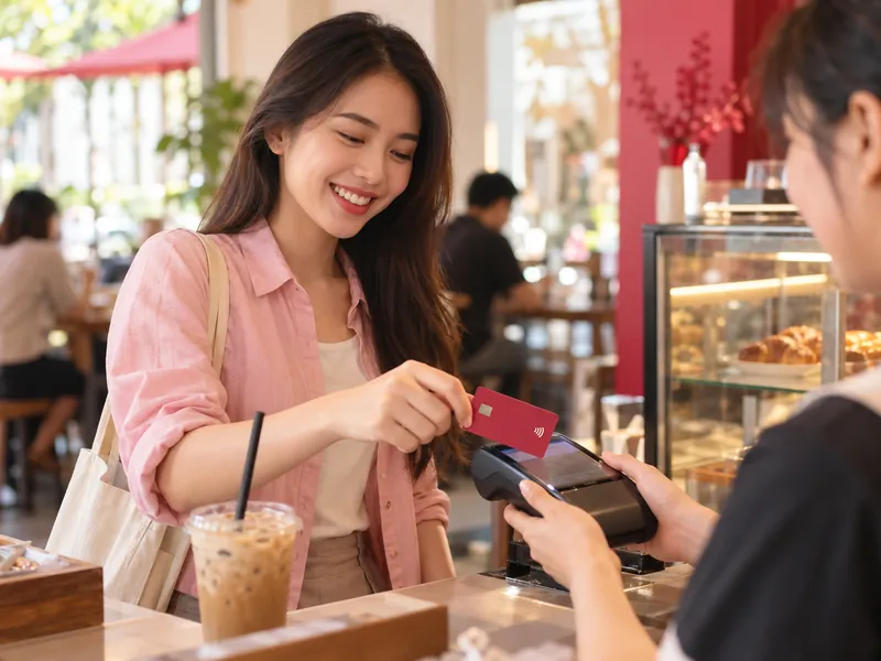 Cô gái thanh toán bằng thẻ tại quán cà phê