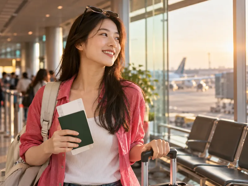 Cô gái cầm hộ chiếu tại sân bay chuẩn bị đi du lịch