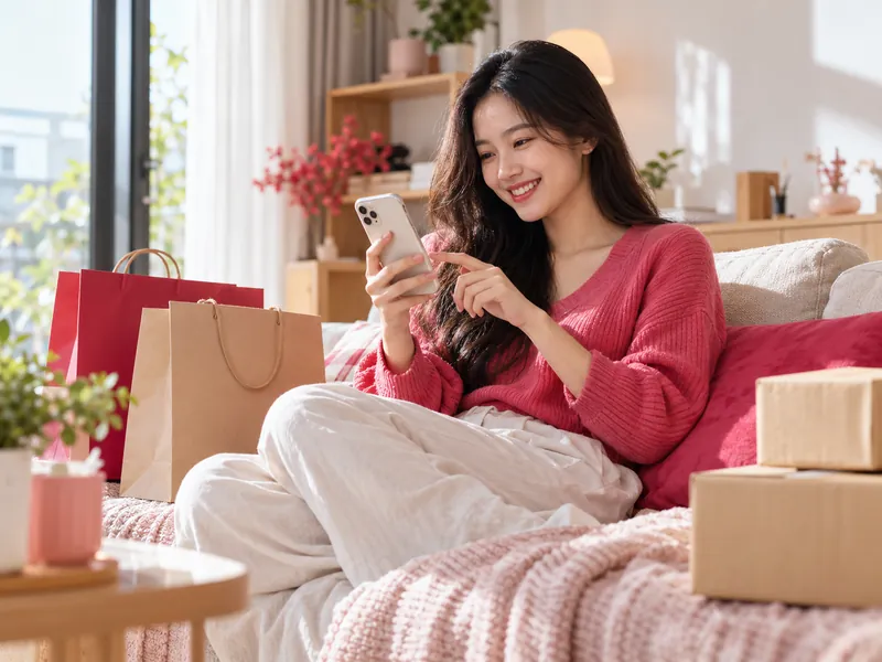 Cô gái mua sắm trực tuyến trên điện thoại, bên cạnh là túi và hộp hàng