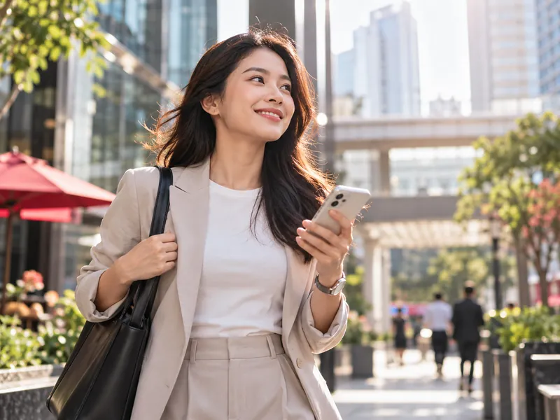 Người trẻ đi làm cầm điện thoại trên phố