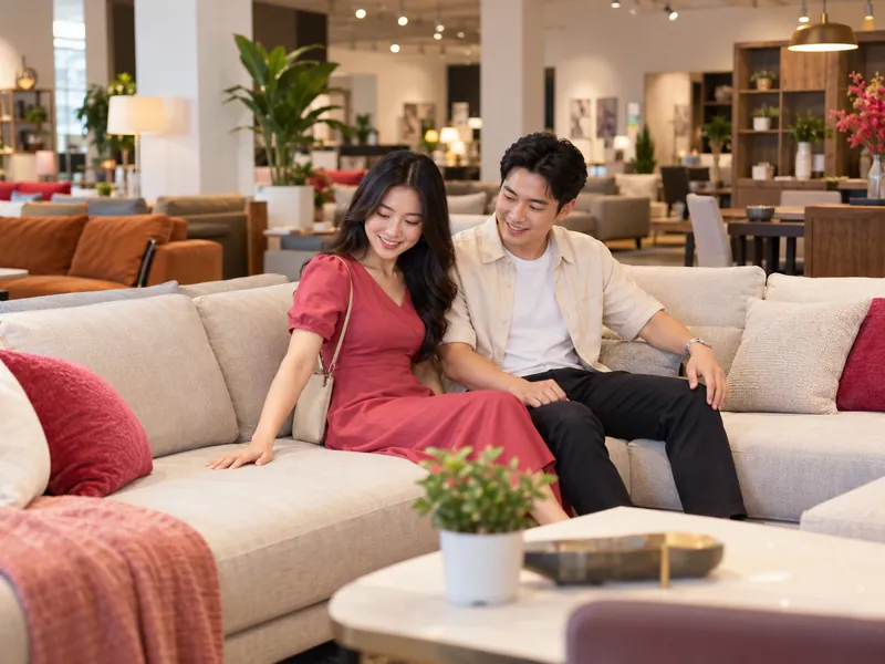 Cặp đôi ngồi thử sofa trong cửa hàng nội thất