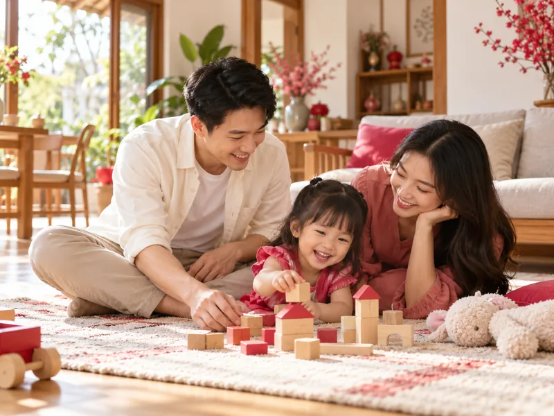 Gia đình trẻ chơi cùng con trên thảm phòng khách
