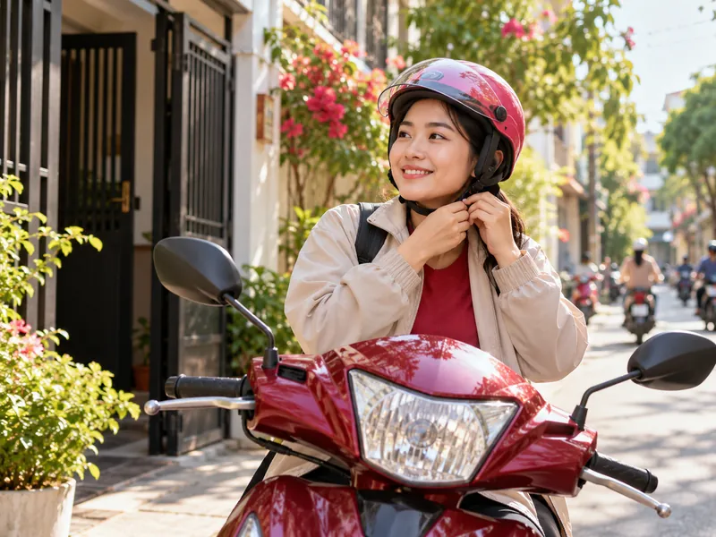 Cô gái đội mũ bảo hiểm trên xe máy trước khi ra đường