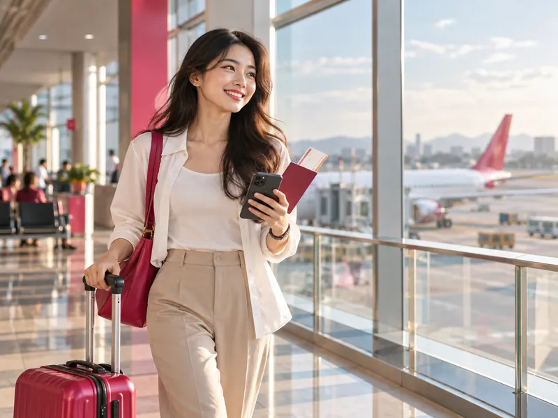 Cô gái kéo vali tại sân bay, cầm điện thoại