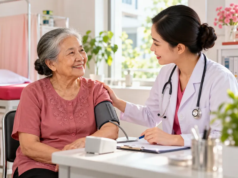 Bác sĩ đo huyết áp cho cụ bà khi khám sức khoẻ