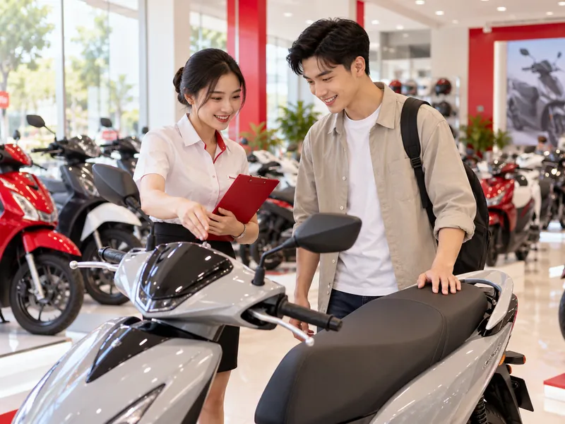Cặp bạn trẻ xem xe máy ở cửa hàng xe