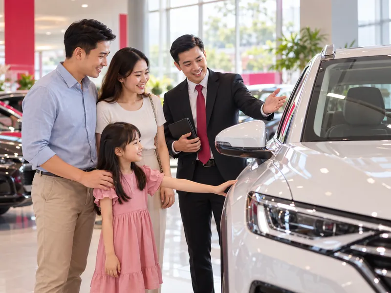 Gia đình có con nhỏ xem ô tô