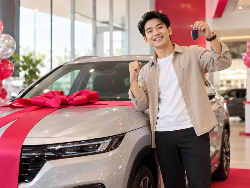 Thanh niên cầm chìa khoá bên chiếc xe mới có nơ lớn