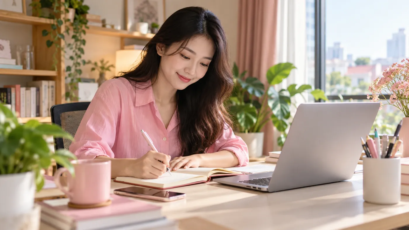 Phụ nữ ghi chép bên bàn làm việc có laptop