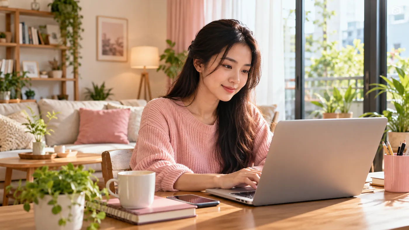 Phụ nữ dùng laptop ở nhà
