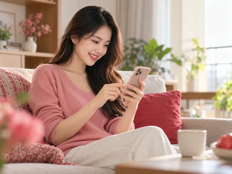 Phụ nữ ngồi sofa xem điện thoại