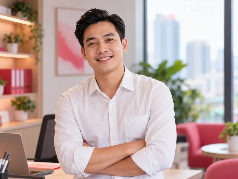 Người đàn ông áo sơ mi trắng khoanh tay mỉm cười